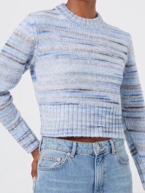 French Connection Blue Marled Cropped Chunky Knit Crewneck Sweater SIZE MED
